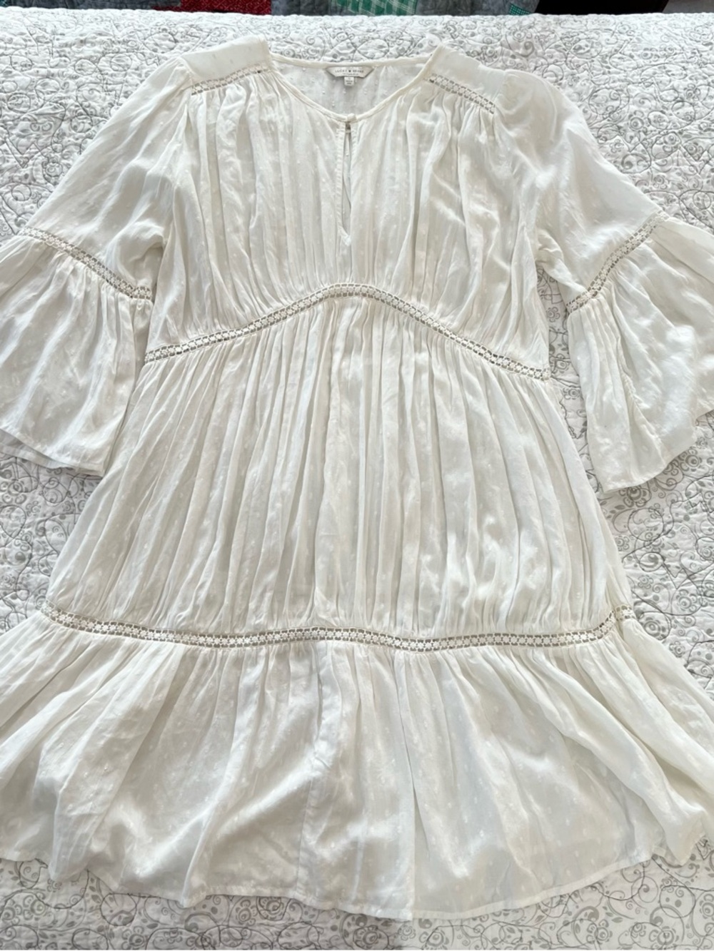 Lucky Brand White Swiss Dot Mini Dress Peasant Boho Gathered Gauzy Flowy Coastal